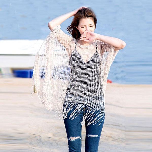 

women's swimwear summer loose sunscreen beach shirt tassel cape mesh hollow bikini jacket shawl, White;black