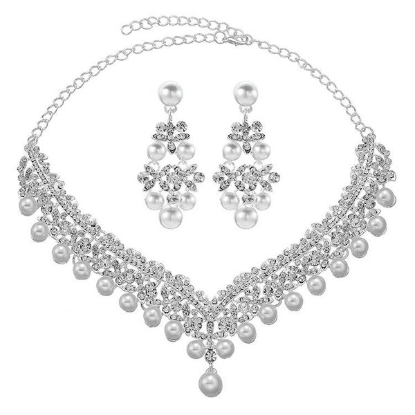 

earrings & necklace oeny the bride pearl v-shaped clavicle wedding and two-piece set catwalk show live acces, Silver