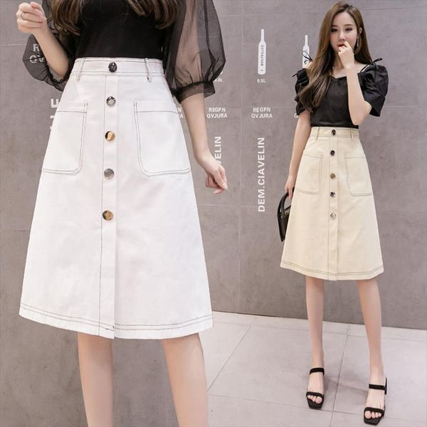 

single denim summer high waist women skirts white a line mujer faldas saias mulher, Black