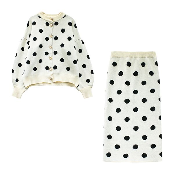 

women knit black white puff long sleeve cardigan mid calf pencil midi skirt polka dot two pieces set elegant t0120 210514