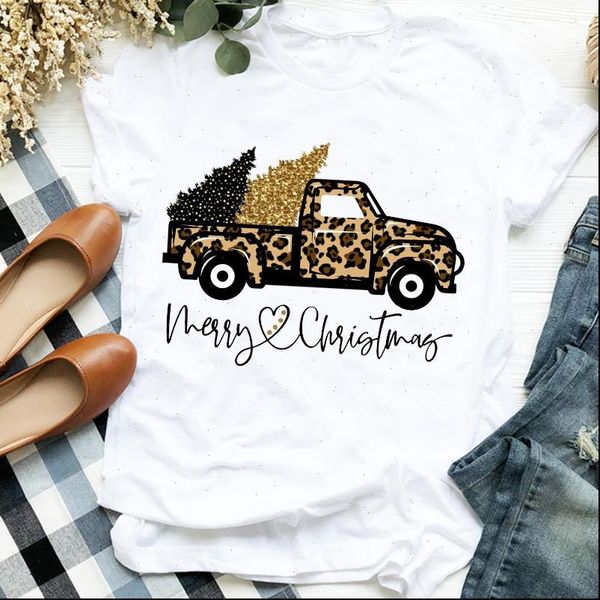 

leopard truck tree autumn winter women merry christmas clothes tee graphic, White