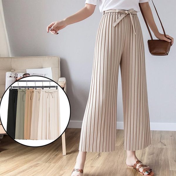 

women's pants & capris women 2021 spring summer fashion female casual loose solid high waist elegant pleated wide leg pant office lady, Black;white