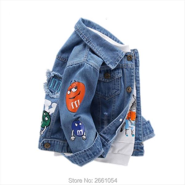 

spring childrens jacket denim boys broken hole jean jackets kids clothing baby coat casual cartoon letter outerwear, Blue;gray