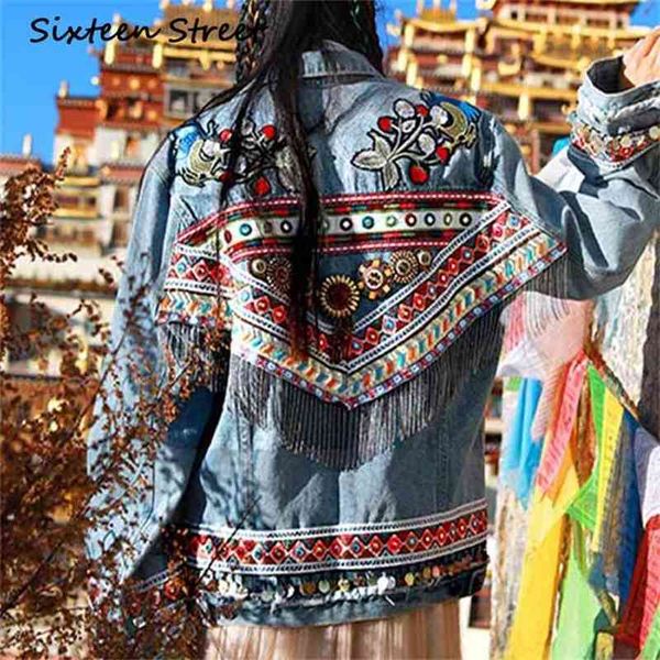 Blaue Tribal verzierte Jeansjacke Damenmantel Boho Herbst Bohemian Gypsy Stickerei Vintage Chaqueta Outwear 210603