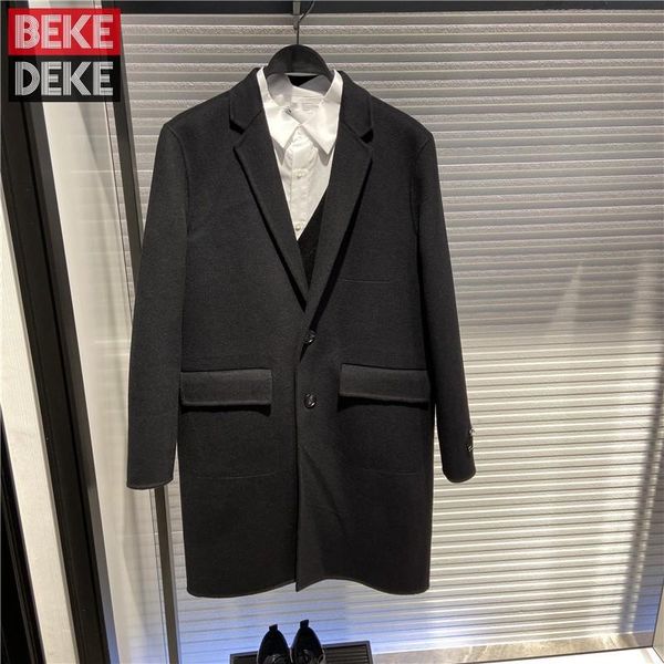 

men's wool & blends autumn winter men woolen long coat single breasted loose fit overcoat casual double-sided coats preppy style outwea, Black