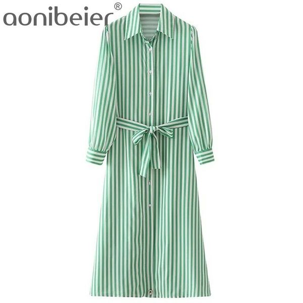 Grün gestreiftes langes Hemdkleid Sommermode Einreiher Dreiviertelärmel Frauen Casual Midi mit Schärpen 210604