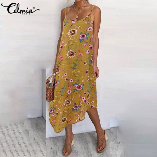 

dresses celmia strap sleeveless beach dress women casual loose floral print v-neck sundress 2021 summer irregualr vestidos s-5xl, Black;gray