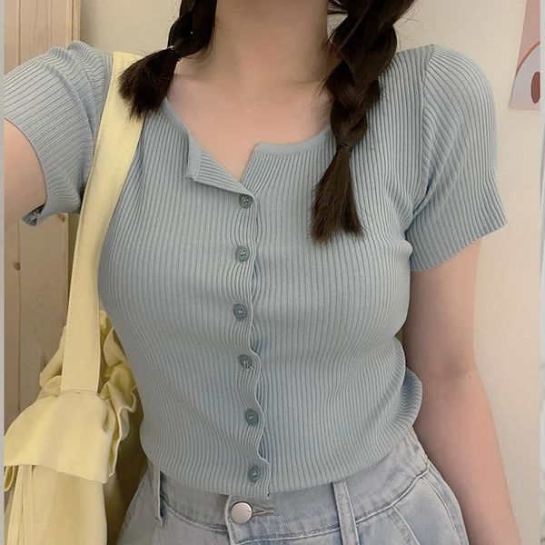 

women's t-shirt knitted o-neck slim t-shirts fashion short-sleeved cardigan women simple solid woman 2021, White