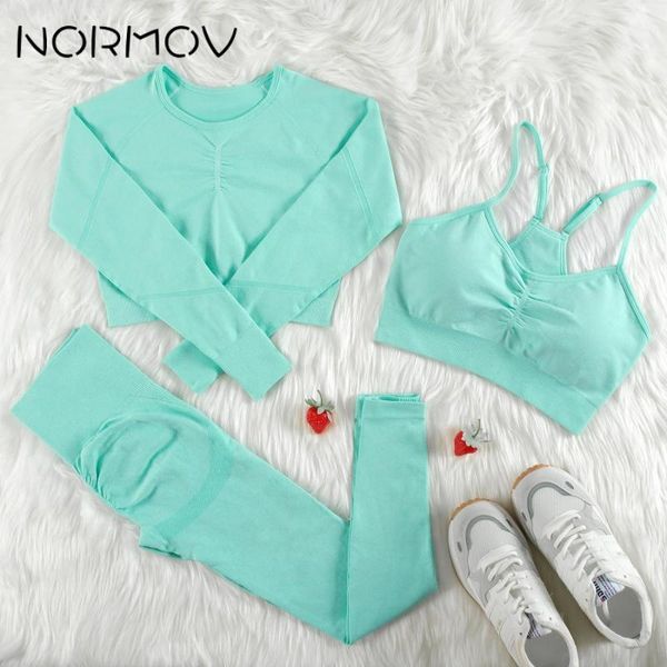 

yoga outfit normov 2/3 pcs gym set for women seamless 11 colors long sleeve shirts leggings push up bra high waist sports suits
