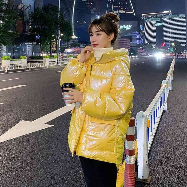 

bright color hooded women winter thick warm cotton coat streetwear big pocket loose snow jacket yellow parka outwear 210430, Black