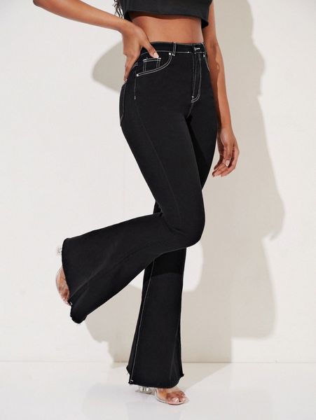 

tall washed raw hem flare leg jeans p2vd#, Blue