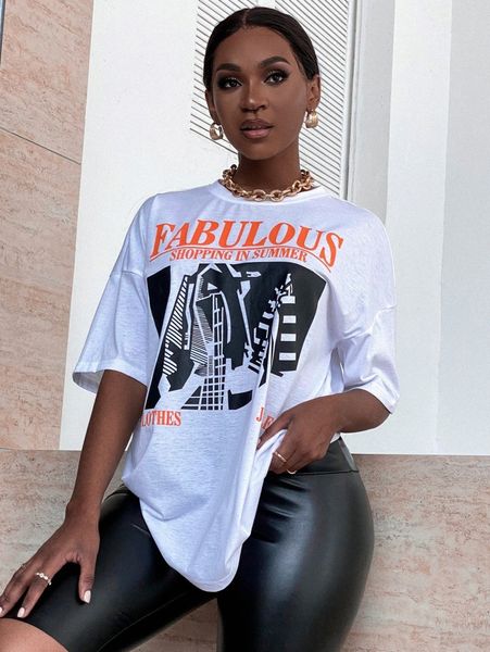 

sxy letter & graphic print boyfriend tee o9gn#, White