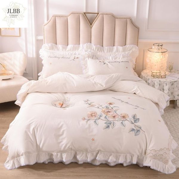 

bedding sets luxury white pure cotton flowers embroidery princess girls set lace ruffle duvet cover bed sheet skirt pillowcases