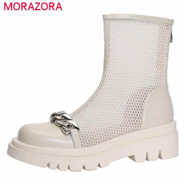 

boots morazora 2021 arrive flat platform shoes women summer mesh chain round toe genuine leather ankle, Black