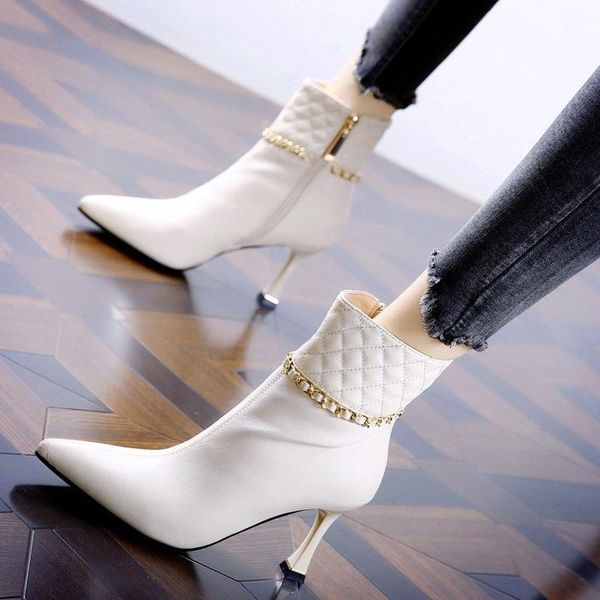 

boots british women's autumn and winter 2021 metal chain pointed high heel stiletto fashion short women, Black
