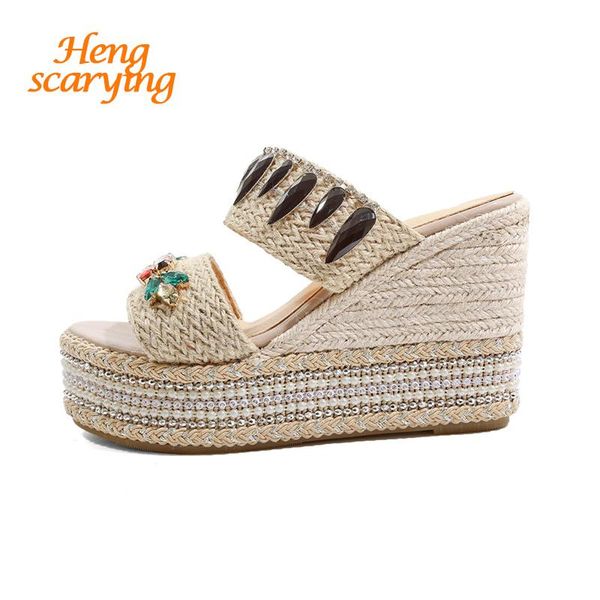 

slippers 2021 summer women crystal 10.5cm high heels 4cm platform wedges sandals rope slides female beach dress shoes, Black