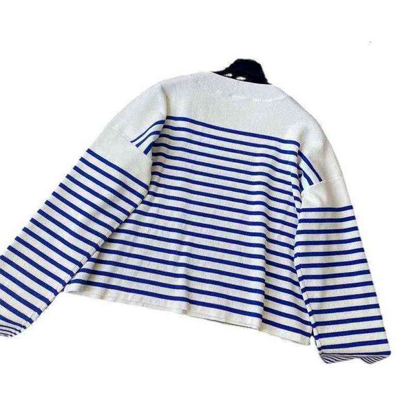 

correct version 21 autumn round neck knitted loose sweater blue and white stripe fashion long sleeve men women, Black