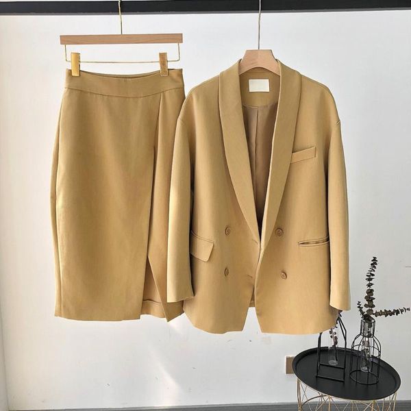 

two piece dress fashion button up skirts women suits office sets elegant suit casual blazer long sleeve collared set, White
