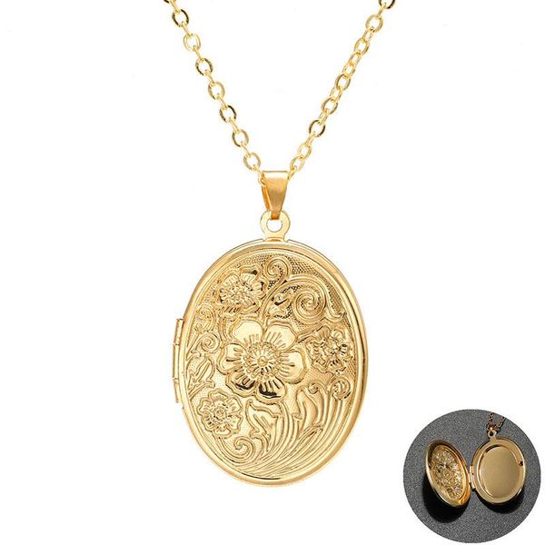 

pendant necklaces gold color metal carved flowers oval po frame necklace for women romantic retro openable locket jewelry gift, Silver