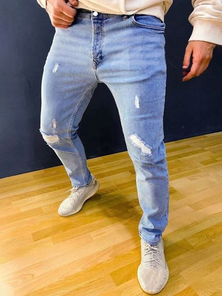 

men ripped bleach wash tapered jeans i25b#, Blue