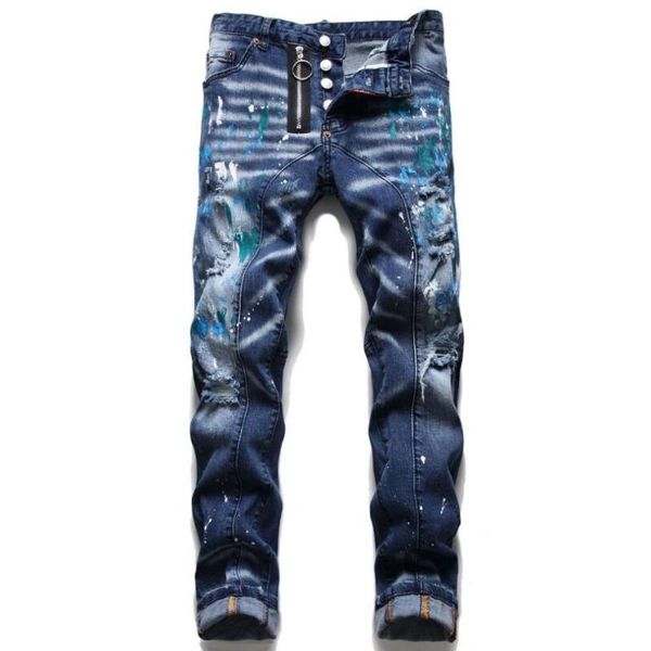 

men's jeans men stretch holes fashion male blue elastic slim denim long pants straight fit casual 38