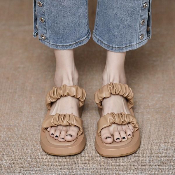 

sandals whnb 2021 women slippers pleated slip on platform solid color casual summer female footwear size 35-40, Black