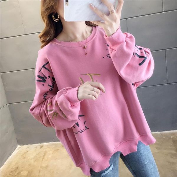 

women spring autumn long sleeves round neck sweatshirt solid color irregular hem printed casual pullover loose jumper women's hoodies, Black