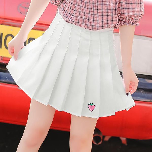 

skirts summer a-line women skirt high waist strawberry embroidery pleated safety pants mini, Black