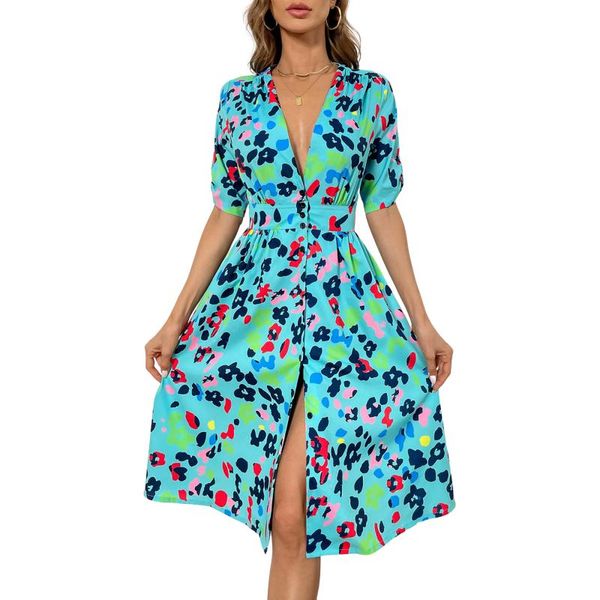 

casual dresses y2k women deep v-neck dress floral printed pattern short sleeve button-down blue/ green, Black;gray