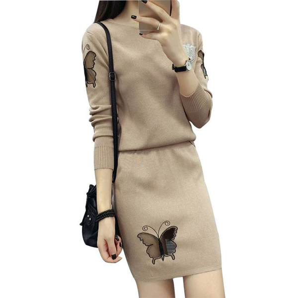 

two piece dress plus size women's apring and autumn set of package hip slim skirt + knitted sweater female 2-piece, White