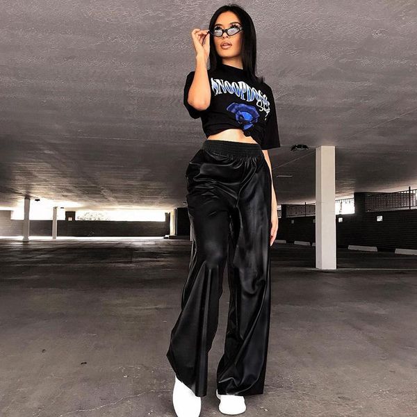 

women's pants & capris uideazone black pu leather trousers high straight fashion loose style women streetwear wide leg elastic waist, Black;white