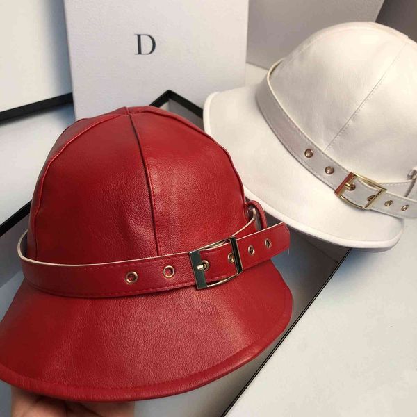 

autumn and winter new pu leather fisherman's hat fashionable and handsome neutral british style belt buckle basin hat house, Black;white