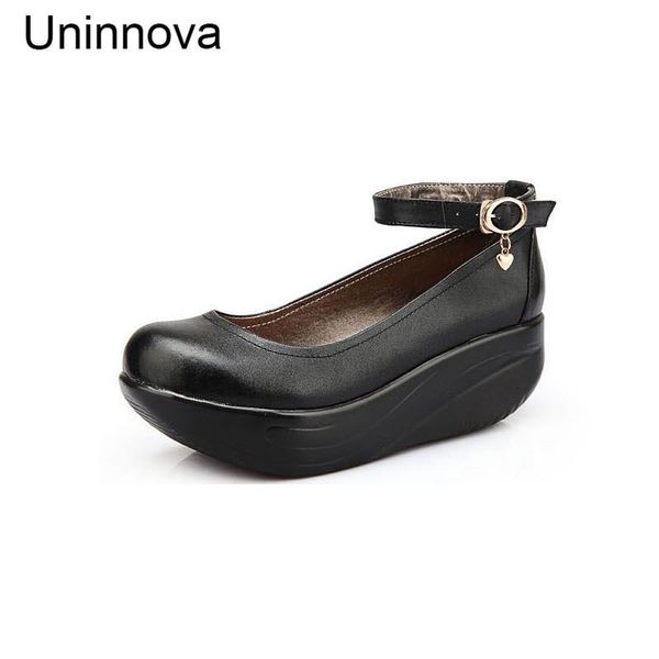

dress shoes uninnova women's med heel wedge platform pumps working career genuine leather ankle extral large 43 wp100, Black