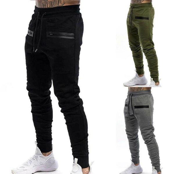 

men's pants zip pockets bottoms joggers solid color sports silm fit skinny fashion ropa para hombre mens clothing, Black