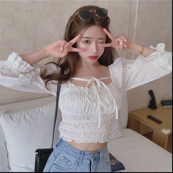 

korean square neck womens blouses puff sleeve slim small fresh long chiffon shirts, White