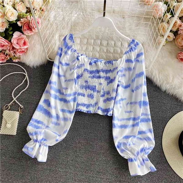 

spring autumn style pleated square neck chiffon shirt women's fashion high waist retro print puff sleeve short uk695 210506, White