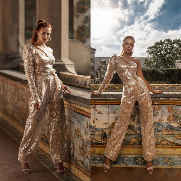 

elegant wedding dresses one shoulder long sleeve lace sequins bridal gowns custom made ankle length a line jumpsuits dress robe de mariee, White