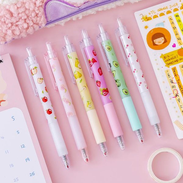 

gel pens 6pc/lot cute kawaii creative cartoon ins fruit strawberry avocado apple student school office stationery press pen