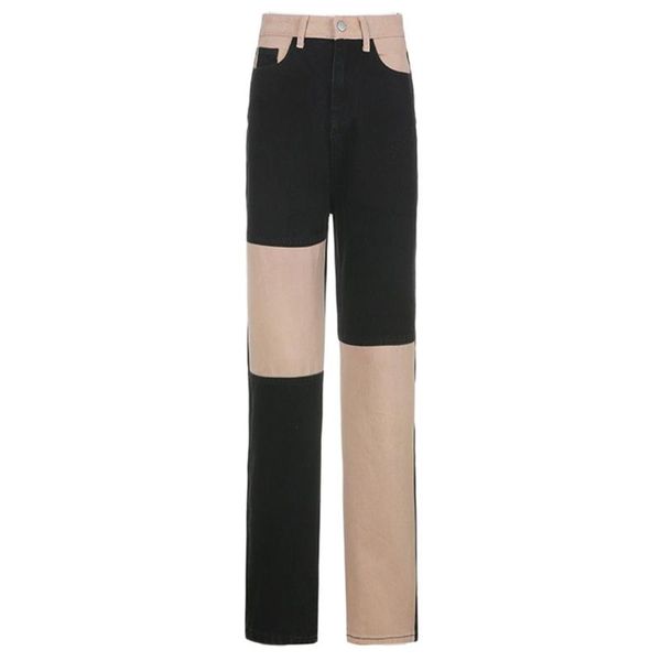 

women's pants & capris women high waist color block patchwork jeans harajuku hip hop 90s denim long straight leg casual loose trousers, Black;white