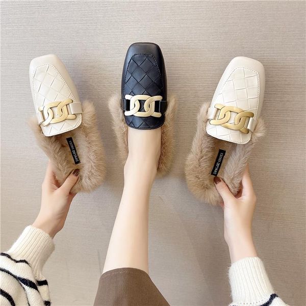 

slippers shoes woman 2021 plush for adults cover toe pantofle rivet low female mule fur flat mules slides square heel pu bas, Black