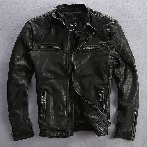 

men's leather & faux tranned plant goat black motorcycle jacket men slim fitted biker male fashion genuine coat m-xxxl