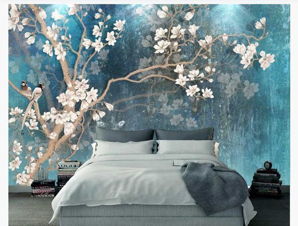 

custom po wallpaper mural vintage hand-painted magnolia flower background wall nordic retro blue elegant oil painting wallpapers