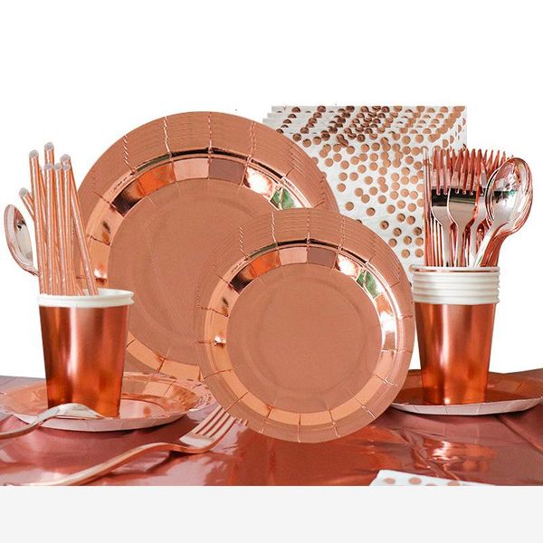 

disposable dinnerware rose gold tableware party table decoration paper cups straw napkins wedding baby shower birthday supplies