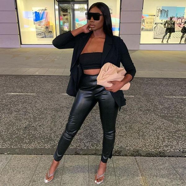 

women's pants & capris 2021 winter leather leggings casual pu warm female split trousers slim fit autumn high waist, Black;white