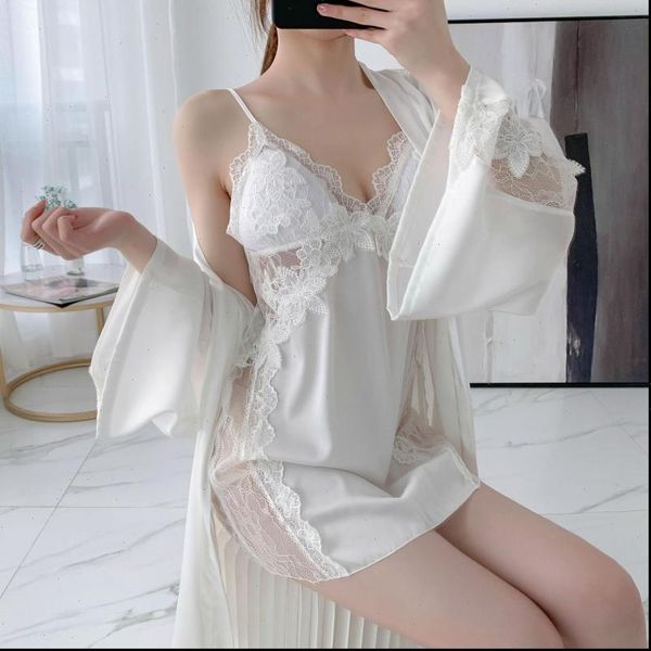 

hollow out lace women sleepwear mini nighty amp robe set 2pcs deep v neck nightdress bath gown satin homewear, Black;red