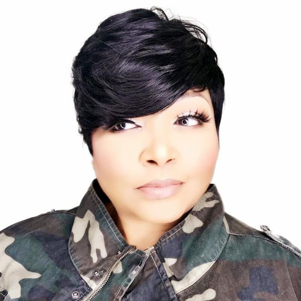

short bob with bangs brazilian straight human hair none lace front wig for black women full machine made wigs natural color, Black;brown