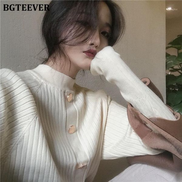 

women's sweaters bgteever elegant o-neck buttons female pullover all-match full sleeve slim thick women knitting jumpers winter 2021, White;black