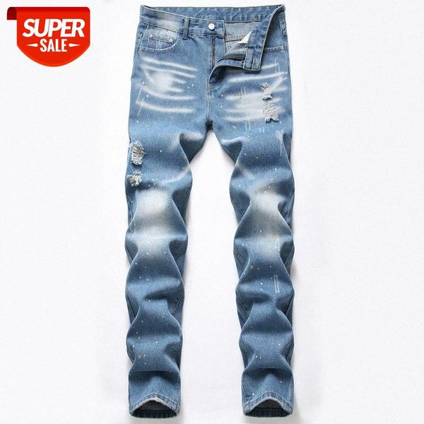 

european and american splash ink jeans light blue ripped trend men's trousers #ca1n