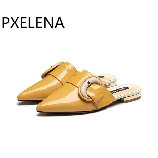 

slippers pxelena women mules shoes genuine leather low heels pointed toe buckle real patent fashion summer ladies slides, Black