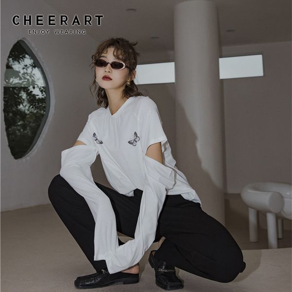 

detachable long sleeve tee shirt women white butterfly print casual r t spring summer 210427